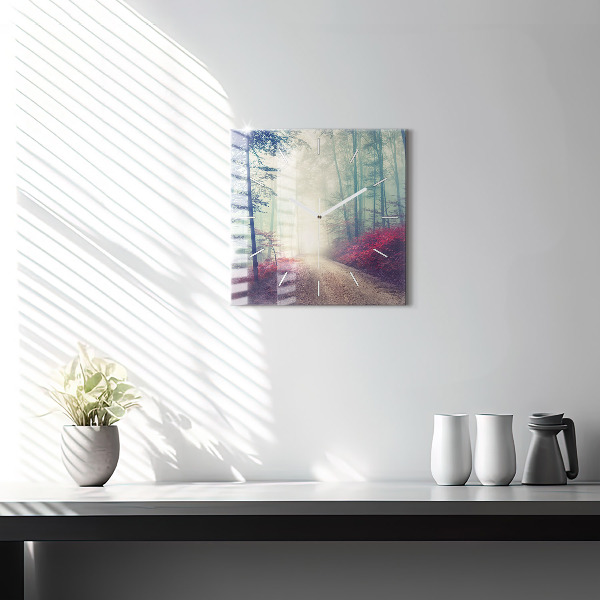 Square wall clock Autumn road Forest Fog