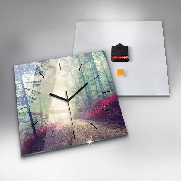 Square wall clock Autumn road Forest Fog