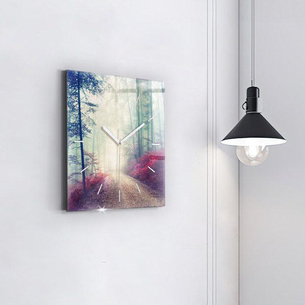 Square wall clock Autumn road Forest Fog