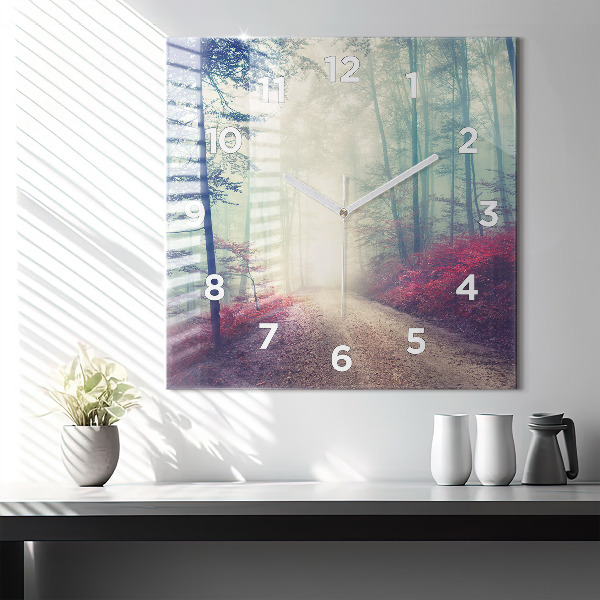 Square wall clock Autumn road Forest Fog