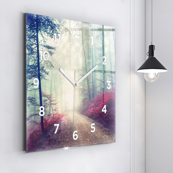 Square wall clock Autumn road Forest Fog