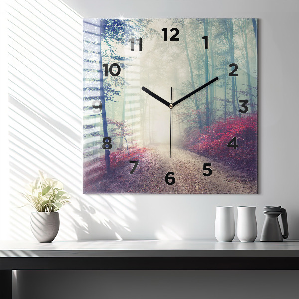 Square wall clock Autumn road Forest Fog