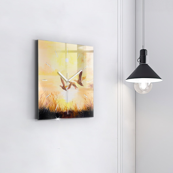 Square wall clock Cranes at sunset