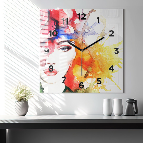 Square wall clock Colorful portrait of a woman