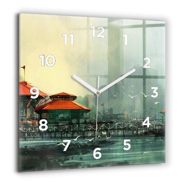 Square wall clock Fishing village