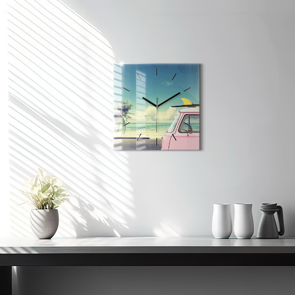 Square wall clock Car with surfboard
