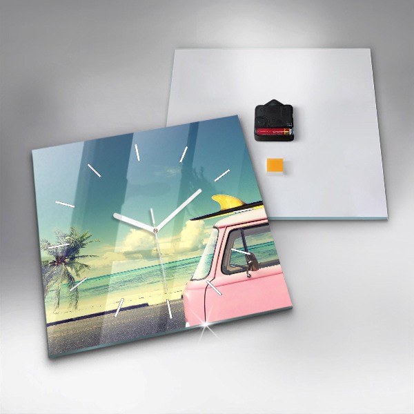 Square wall clock Car with surfboard
