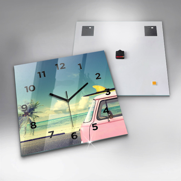Square wall clock Car with surfboard