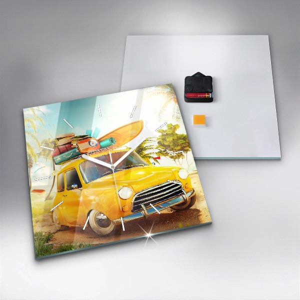 Square wall clock Car with surfboard