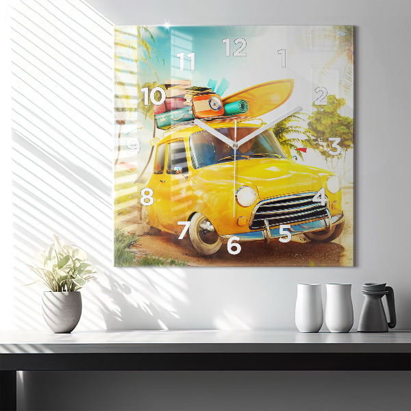 Square wall clock Car with surfboard