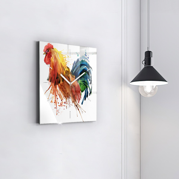 Square wall clock Colorful rooster