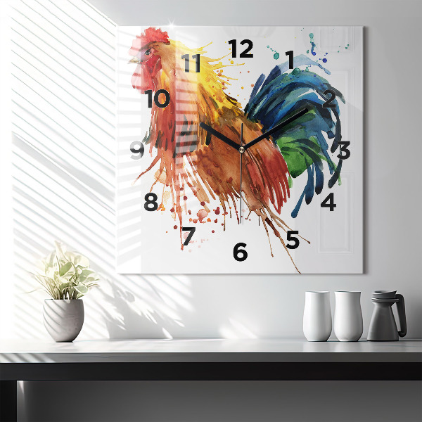 Square wall clock Colorful rooster