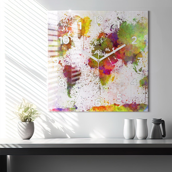 Square wall clock Watercolor map of the world