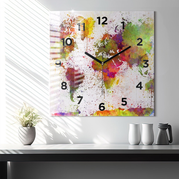 Square wall clock Watercolor map of the world