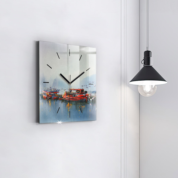 Square wall clock Fishing boat in port