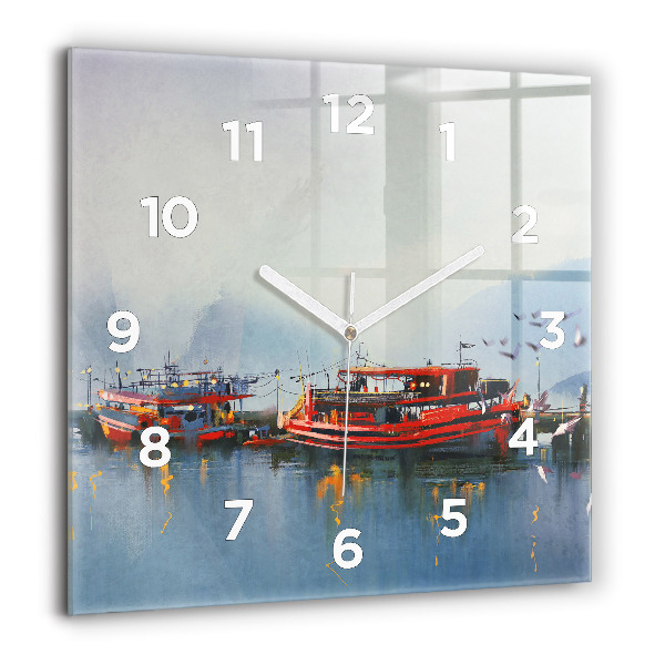 Square wall clock Fishing boat in port