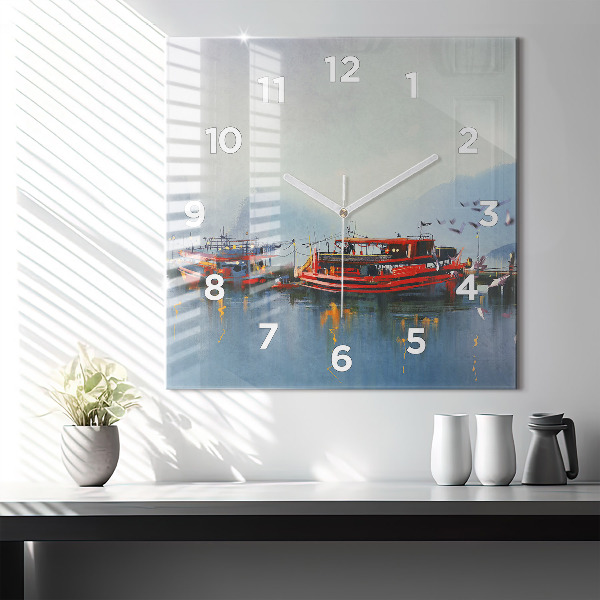 Square wall clock Fishing boat in port
