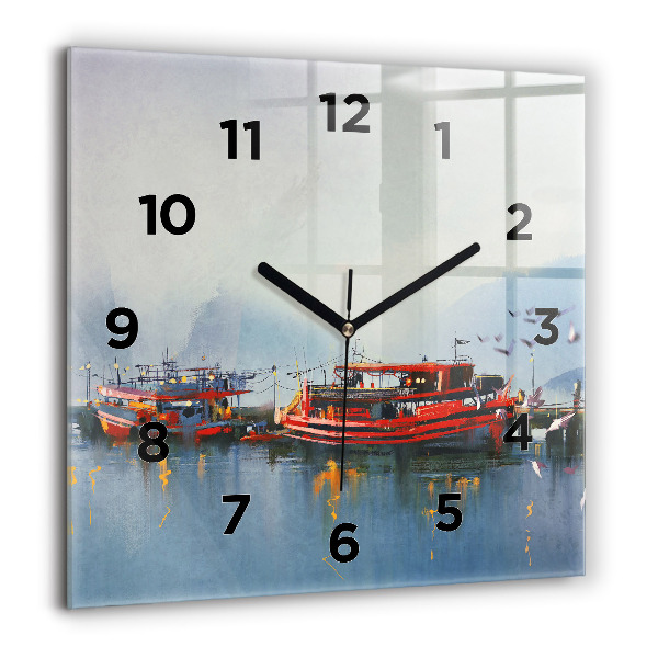 Square wall clock Fishing boat in port