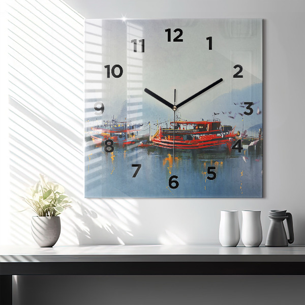 Square wall clock Fishing boat in port