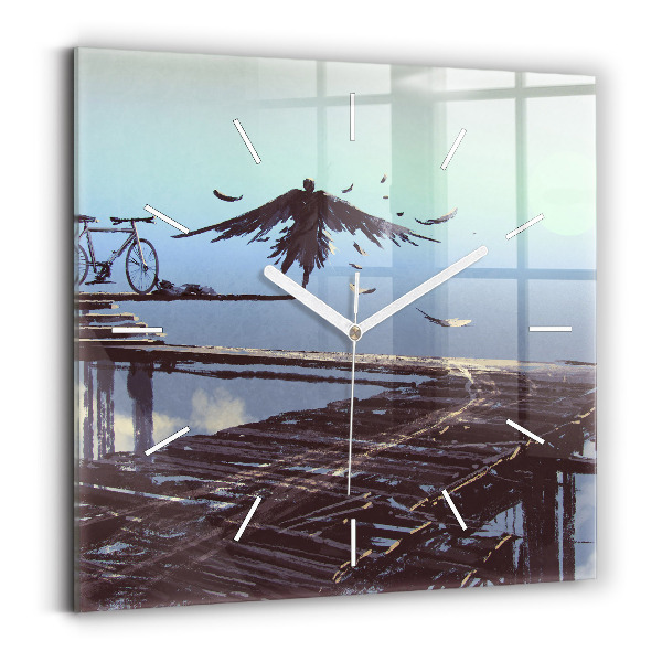Square wall clock Angel, Bridge and Bicycle