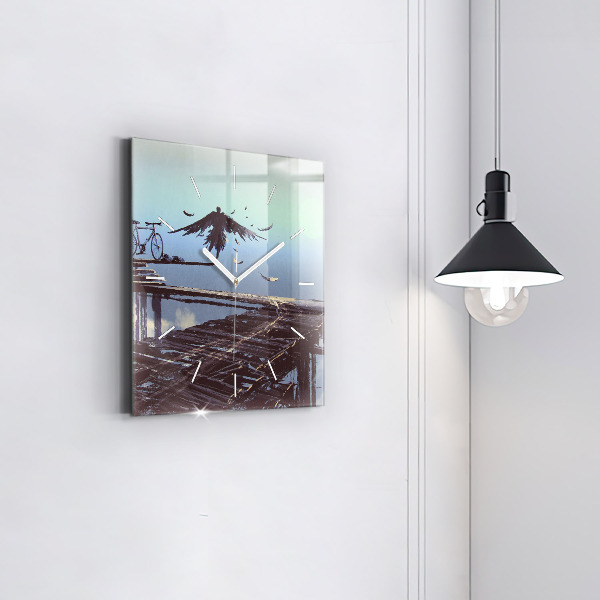 Square wall clock Angel, Bridge and Bicycle