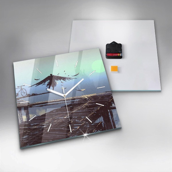 Square wall clock Angel, Bridge and Bicycle