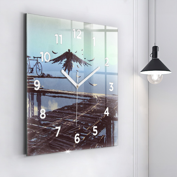 Square wall clock Angel, Bridge and Bicycle