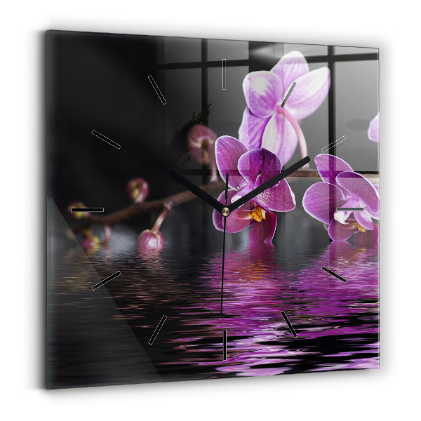 Square wall clock Orchid flower on the water