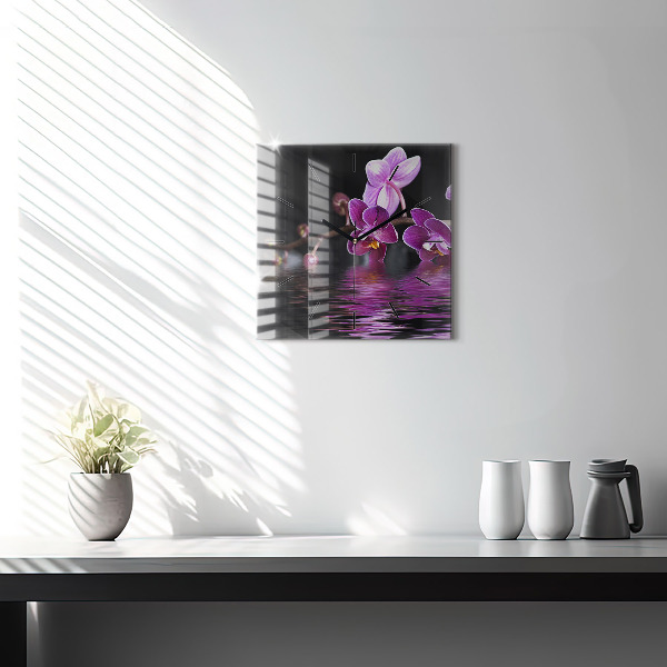 Square wall clock Orchid flower on the water