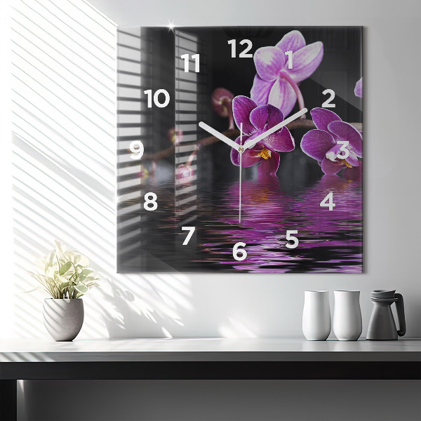 Square wall clock Orchid flower on the water