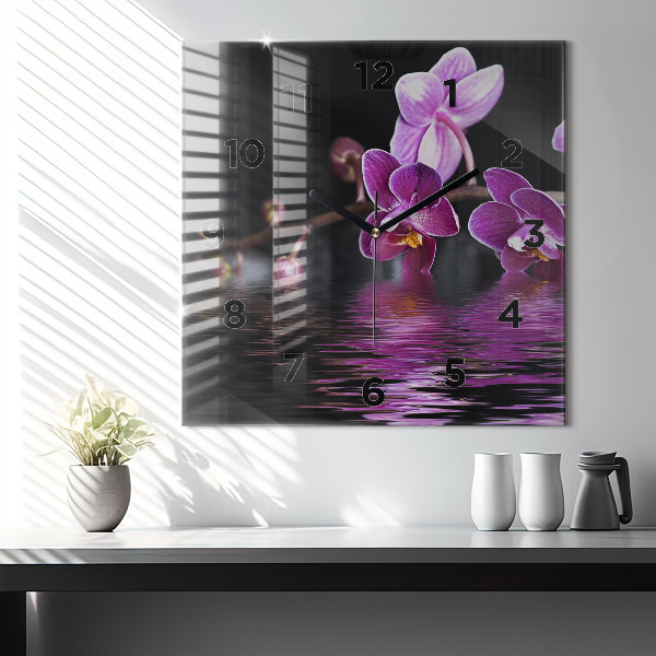 Square wall clock Orchid flower on the water