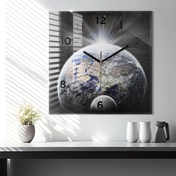 Square wall clock Earth Moon Sun