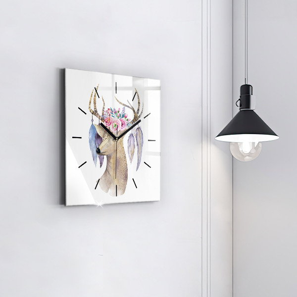 Square wall clock Deer head and flowers