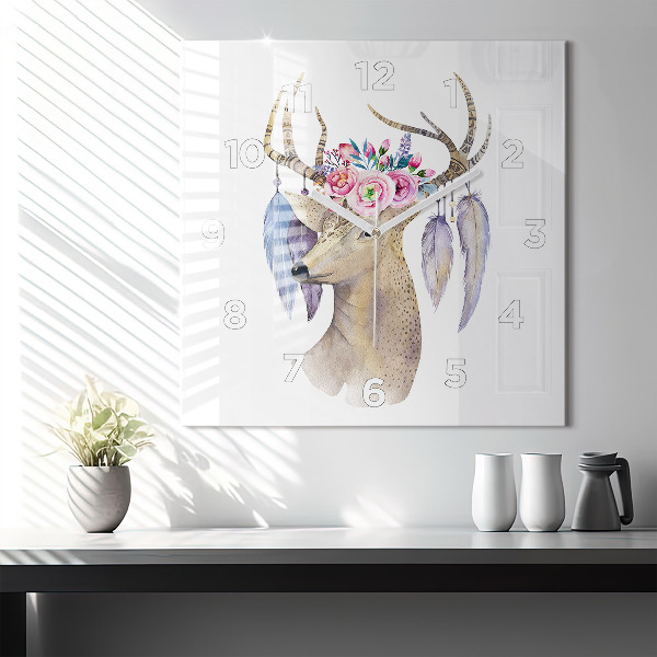 Square wall clock Deer head and flowers