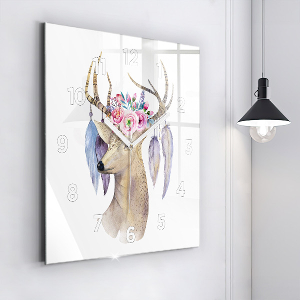 Square wall clock Deer head and flowers