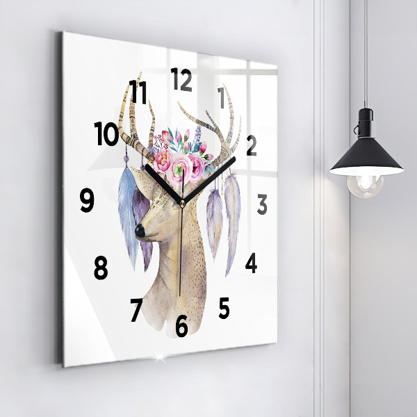 Square wall clock Deer head and flowers