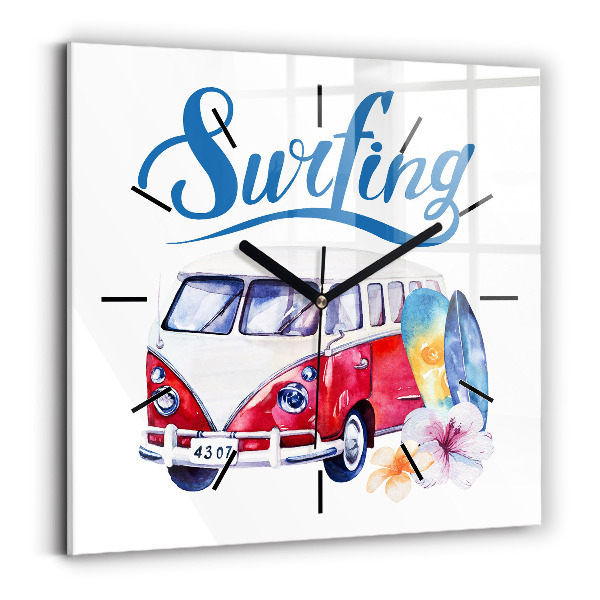 Square wall clock Car and Surfing sign