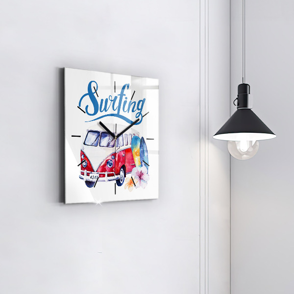 Square wall clock Car and Surfing sign