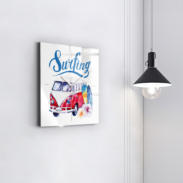 Square wall clock Car and Surfing sign