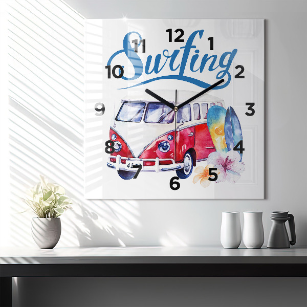 Square wall clock Car and Surfing sign
