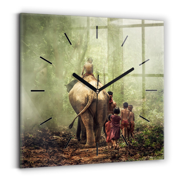 Square wall clock Children leading an elephant