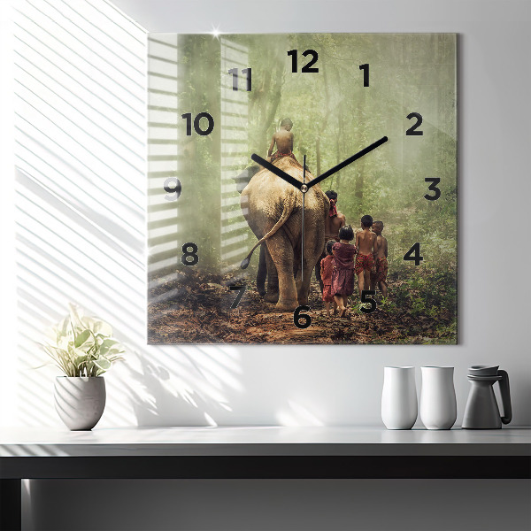 Square wall clock Children leading an elephant