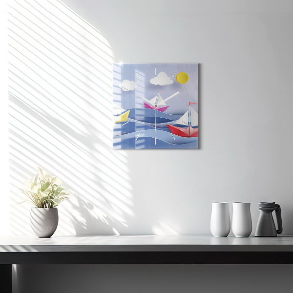 Square wall clock Origami colorful sailboats