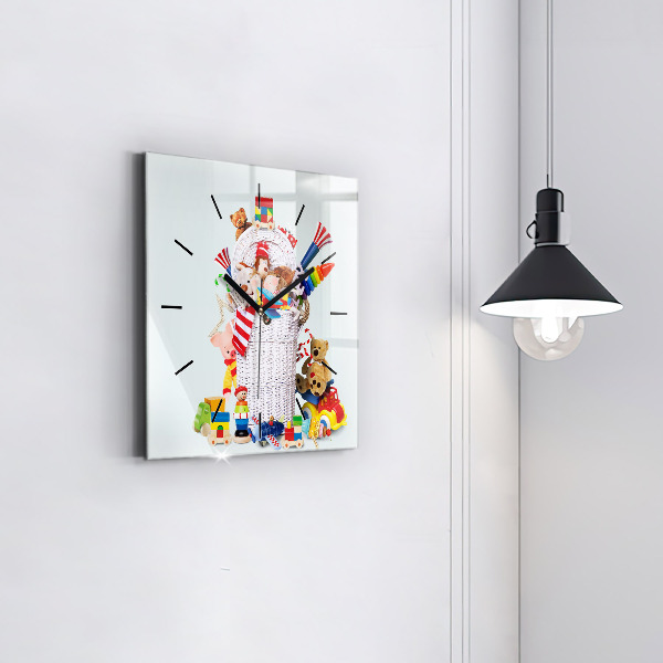 Square wall clock Wicker basket with toys
