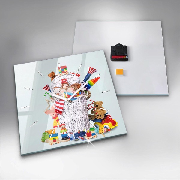 Square wall clock Wicker basket with toys