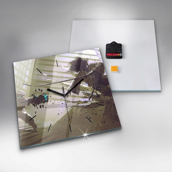 Square wall clock Robot vs Samurai Fight