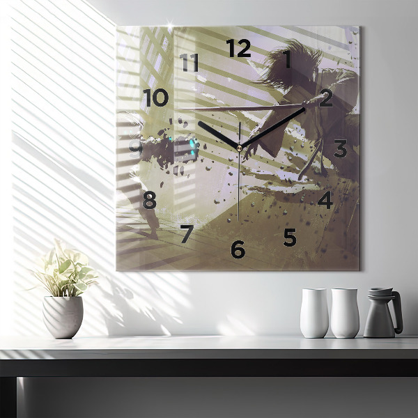 Square wall clock Robot vs Samurai Fight