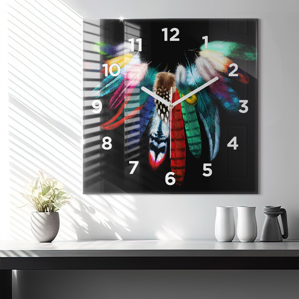 Square wall clock Colorful bird feathers