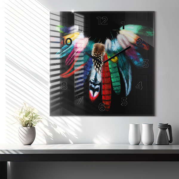 Square wall clock Colorful bird feathers