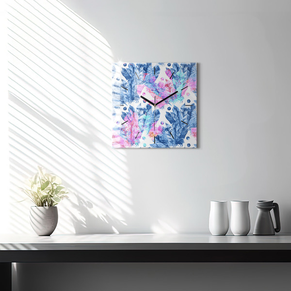 Square wall clock Colorful feathers
